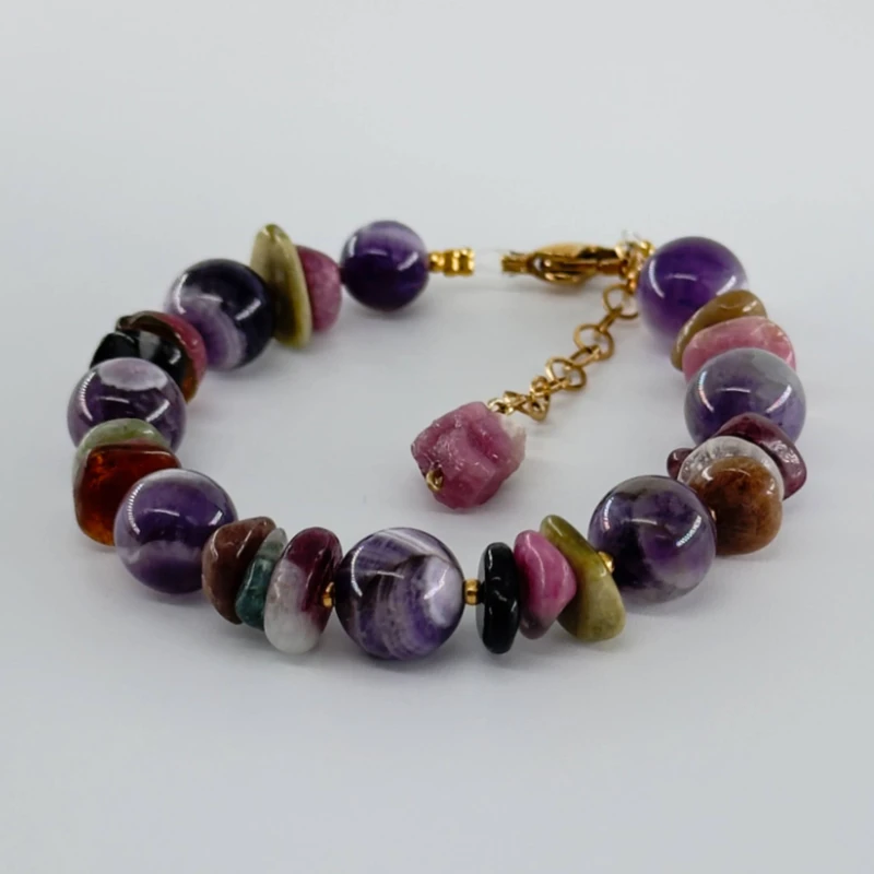 دستبند زنانه مدل سنگ تورمالین هندوانه ایی و آمیتیست